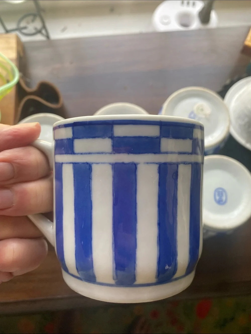 Set of 6 vintage IDG Williams Sonoma Blue and White Striped Ceramic Mugs